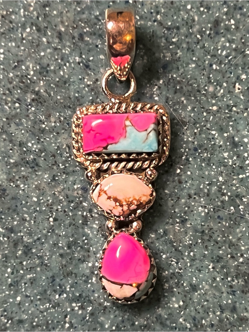 Solid Sterling Silver Cotton Candy Turquoise Triple Stone Pendant Handcrafted